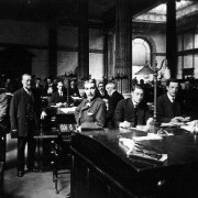 Black and white image of staff in a bank