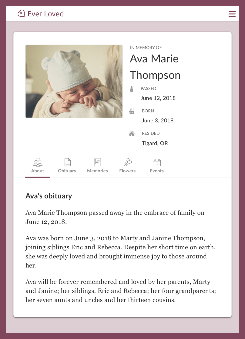 Infant obituary example